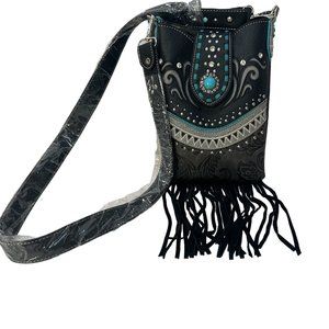 (7-199) Brand New with Tag -Western Style Cross Body Bag in Black with Turquoise